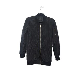 Love Tree Womens Black Quilted Bomber Jacket Longline‎ Zip Front Medium